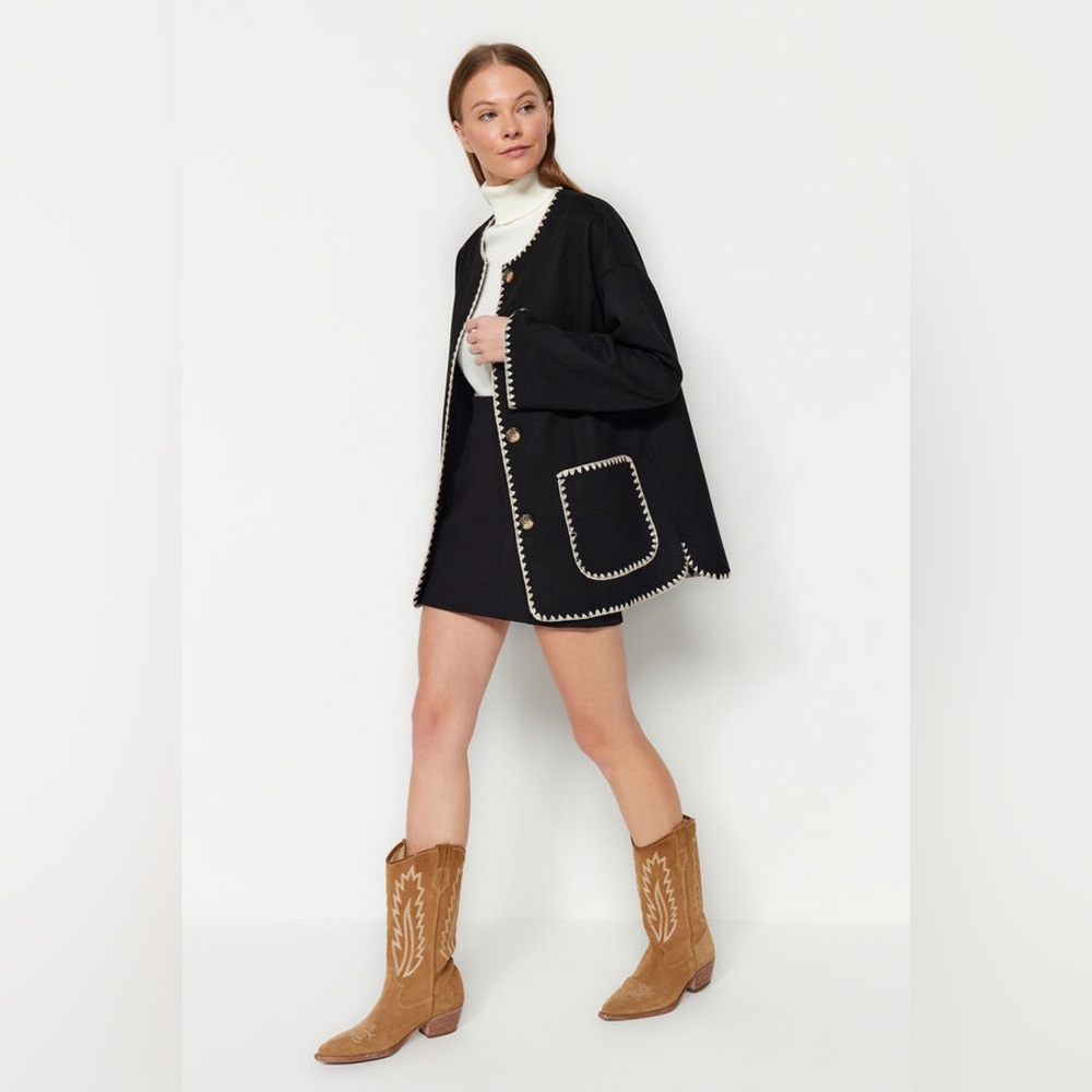 J.ING Black Contrast Drop Shoulder Oversized Wool-Blend Jacket Coat